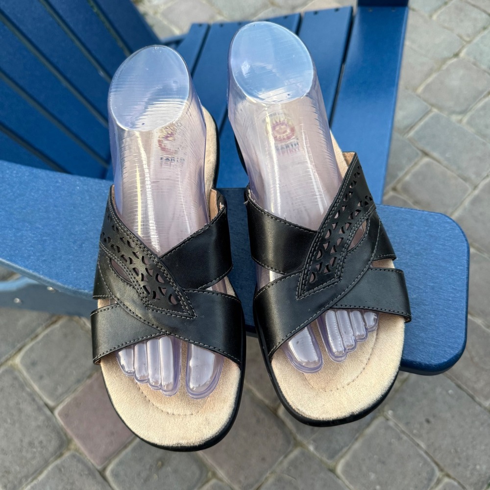 Earth Spirit Carly Black Leather Laser Cut Slide Sandals Gelron 2000 Womens 8